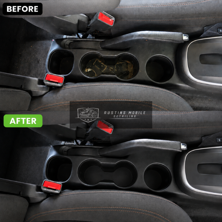 Sticky cup holders cleaned for a fresher-looking interior.