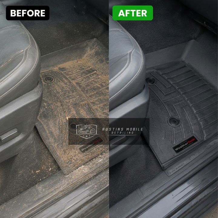 Mud, dirt, and buildup removed from the floor mat and footwell area.