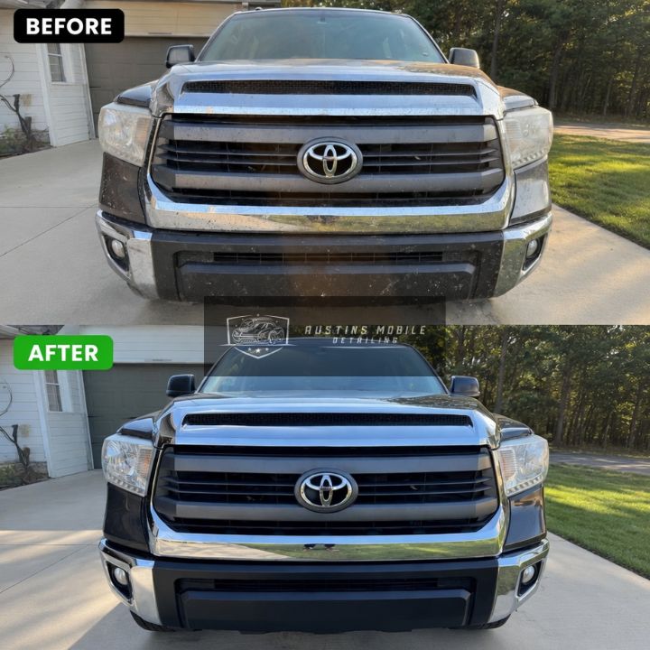 Grime removed from the bumper, grille, chrome, and headlights.